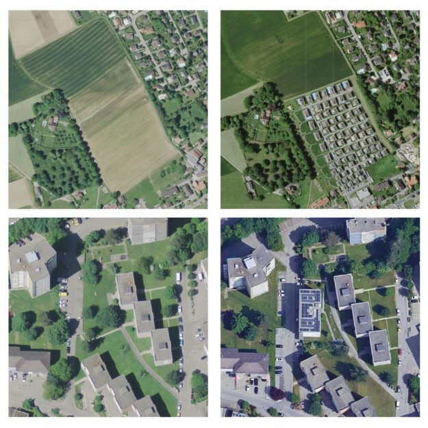 Perte de surface de pleine terre entre 2015 et 2024.
Situation en frange de ville (Corminboeuf) et à l’intérieur de la structure bâtie (Schoenberg, Fribourg)
